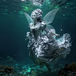 A silver haired mad, narcissistic, ghost like fairy princess from the 18th century, dressed in a Queen Victoria's wedding dress, floathing underwater in a lake, mystical, atmospheric, scarry, ghost like, greenish blue tones, fantasy concept art by Annie Stegg Gerard,  John Anster Fitzgerald, and John Everett Millais