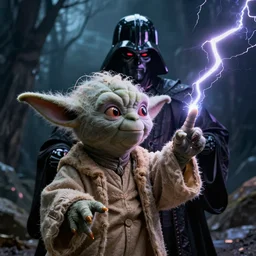yoda as evil sith lord evil darth sidious. lightning coming from fingertips.