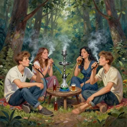 3 young guys and 4 girls smoke hookah drinking beer and have fun in magic forest, paint by ivan shiskin