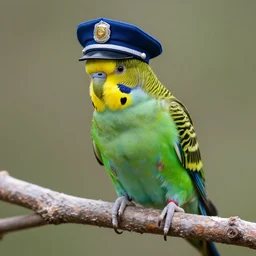 photorealistic parakeet wearing a blue police hat while sitting on a branch