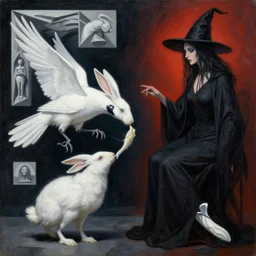 artemixel, white crow bringing rabbit leg to a occult witch by android jones and m. c. escher and jeffrey smith and nicola samori collaboration, futurist, digital art, dramatic lighting, oil on canvas