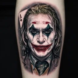 tattoo design of margot robbie with joker makeup, ace card, realistic face, black and white, realism tattoo, hyper realistic, highly detailed