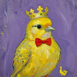 an elegant yellow bird wearing a crown and a red bow tie in the style of vincent van gogh, purple background, post-impressionism, high quality, detailed, 4k