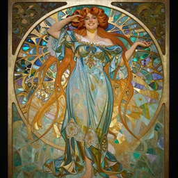 Alphonse Mucha, art nouveau, wood carving, beautiful pretty female Hayley Williams Paramore, smile, symmetrical, realistic, victorian blue dress, long red hair, full body action pose, gold green blue purple, Octane