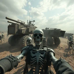 last selfie on earth, apocalyptic world after world war, skeletons, dust, large machines, dead bodies, trending on artstation, deviantart
