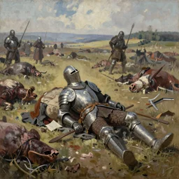 a beautiful wide angle view of an exhausted knight in worn armor on the battlefield surrounded by carnage and carcasses, by Greg Rutkowski, triadic color scheme,  impressionist oil painting, 4K, concept art, matte painting