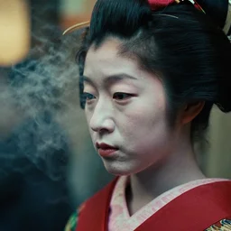 profile 3 / 4 face realistic photography of a japanese geisha 3 5 years old, short hair, few wrinkles around eyes, cinematographic, street photography of tokyo, cinematic light, close up view, grainy image, intense, a bit of smoke and fog around, filth and grim, 5 0 mm lens