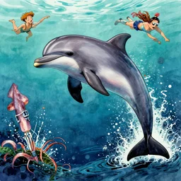 vigilante dolphin in a righteous war against human swimmers. colorful ink blot made with squid ink. lush and highly detailed. sharp focus, artstation.