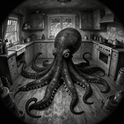 dark palette emo black, fisheye, naive, extra narrow, detailed illustration of a kitchen, large floor, octopus shaped by rhads from lorax movie