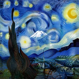 Mount Fuji in the style of starry night by Van Gogh