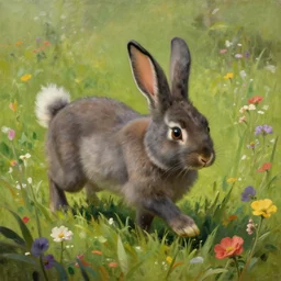 A werewolf bunny transforming in a field of flowers. Academic painting by Greg Rutkowski, Mobile still frame. 4K UHD