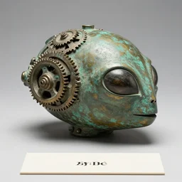 a martian artifact in a museum with a placard, bronze, old, alien, verdigris, mechanical, gears