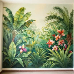 a wall painting of tropical plants and flowers by lisa frank, behance, airbrush art, digital painting
