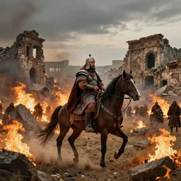 nomadic early medieval Hunnic khan on horseback closely surrounded by fires and rubble of roman buildings and mostly destroyed roman buildings, volumetric lighting, beautiful scenery, hd, hdr, cinematic 4k wallpaper, 8k, detailed, high resolution, artstation, early medieval, realistic, steppe, huns, Attila