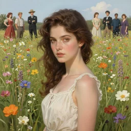 A brunette lady in a meadow full of flowers, highly detailed, digital painting, artstation, concept art, smooth, sharp focus, illustration, ArtStation, art by artgerm and greg rutkowski and alphonse mucha and J. C. Leyendecker and Edmund Blair Leighton and Katsuhiro Otomo and Geof Darrow and Phil hale and Ashley wood and Ilya repin and Charlie Bowater