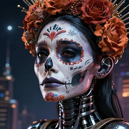 beautiful crying! female android!, close up shot, intricate detailed environment, photorealistic!, octane render, concept art, cinematic lighting, interstellar hyper realism, sharp, cyberpunk, bladerunner, 8 k, el dia los muertos! by angus mckie, moebius, maciej kuciara, stanley lau, artgerm, greg rutkowski