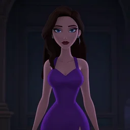 neo - noir, cell shaded, portrait of a woman in a purple dress, dark background, moody lighting, detailed