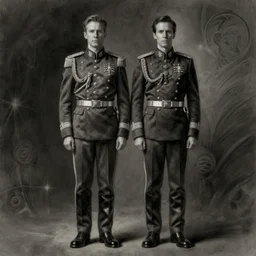 portrait of two people, john oliver, adam driver, standing together, stoic, full body, military uniform, fantasy, intricate, elegant, beautiful, highly detailed, charcoal, centered, dark, smokey, digital painting, artstation, concept art, smooth, sharp focus, illustration, art by artgerm and greg rutkowski and alphonse mucha