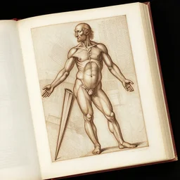 an open page of the voronoi manuscript, depicting a sketch of human anatomy by da vinci, extremely detailed, professional, epic highlights, full colors