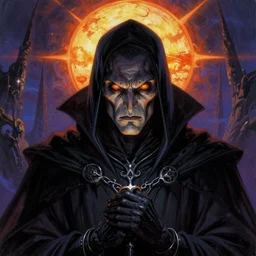 a vibrant illustration portrait of a evil necromancer with piercing eyes in dark fantasy setting, centered, dying earth, darksun, art by frank frazetta, artgerm, michael whelan, chris riddell, greg rutkowski