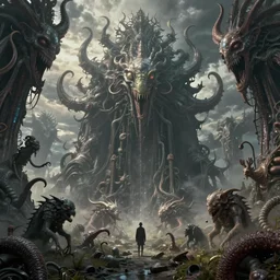 an eldritch apocalyptic landscape covered in monstrosities by bekinski, fantasy art, 4k, HDR, photorealistic, 8k, trending on artstation