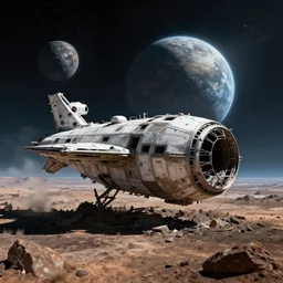abandoned spaceship in outer space with a wasteland planet in the background