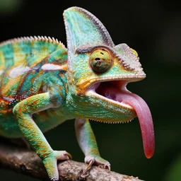 a chameleon with his mouth open from where his long and sticky tongue comes out.