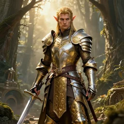 standing elf with armor with golden and silver colors of rivendel and a curve long sword, detailed face, epic masterpiece of cinematographic hyperrealism, realistic shaded lighting poster by craig mallismo, artgerm, jeremy lipkin and michael garmash, unreal engine, radiant light, detailed and intricate environment, digital art, art station trends