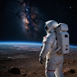 an astronaut looking at the horizon of a starry sky, on an alien planet, cinematic, dramatic, color grading, photojournalism, colorful, highly detailed