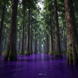 a swamp with tall trees and purple water, fantasy, photorealistic, octane render, unreal engine, dynamic lighting, digital art