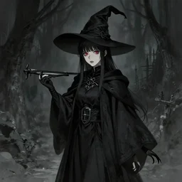 “ gothic, fantasy, concept art, detailed, digital painting, illustration. a young witch in black robes. art by akihiko yoshida. ”