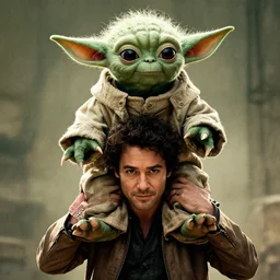 jorge porcel carrying yoda on his shoulders, cinematic movie poster