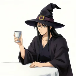 a mystical man with a goblet on the table, wizard hat, drawn by Naoko Takeuchi, impressive line work, tarot card. tarot card the magician, psychedelic, intricate, detailed, full color