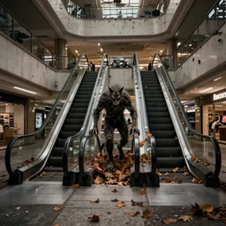 surrounding escalators inside abandoned shopping mall taken by leaves, horrifying wendigo stalking, dark low lighting, ominous atmosphere, cinematic, nostalgic, ultra realistic, 8 k