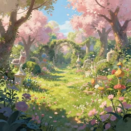 a marc simonetti fantasy illustration of a blooming garden, trending on artstation