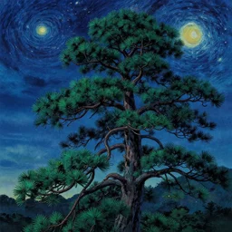 sharp focus, breath taking beautiful, aesthetically pleasing, gouache night sky and pine tree, digital concept art background by hayao miyazaki and kuniyoshi utagawa, fine art, ambient lighting, hdr, 8 k, cinematic, high quality art, dynamic, energetic, lively, elegant, intricate, high detail, rich textured, masterpiece.