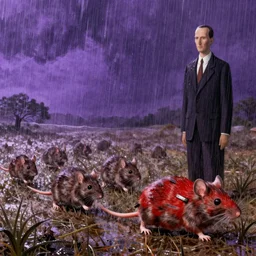 a family of rats scurrying across a drenched field in a torrential rainstorm, in the style of rene magritte, intricate and epic composition, red by caravaggio, insanely quality, highly detailed, masterpiece, purple light, artstation, 4 k