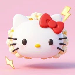 fluffy popcorn brain in the style of hello kitty, with lightning bolts