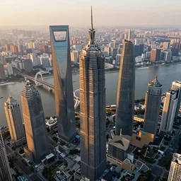 many skyscrapers with straight features, big river with bridge in the middle, golden hour, artstation, unreal engine 5, hyperdetailed, aerial view,
