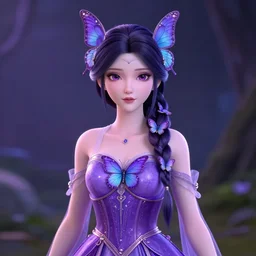 a butterfly princess wearing purple dress, wearing butterfly braid, fairy goddess, symmetrical face, highly detailed clothing, octane render, unreal engine, trending on artstation.