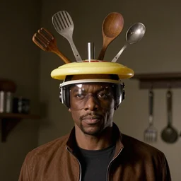 geordi laforge wearing visor and a frisbee and random kitchen tools on his head