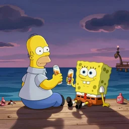 homer simpson and spongebob sitting at the pier, looking at the horizon and drinking duff beer