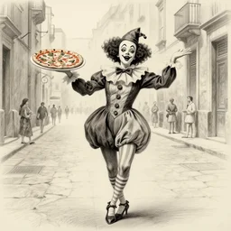 pulcinella dancing in the street of naples with a pizza margherita, extremely detailed pencil sketch by silvio fiorillo, from commedia dell'arte