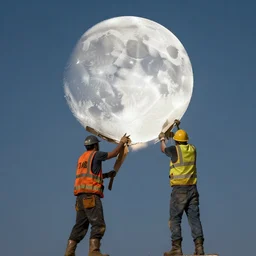 two construction workers removing the moon from the sky