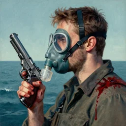portrait of a man wearing oxygen mask, has a gun, blood, a pistol with sea background intricate details with horror side profile by Sandra Chevrier