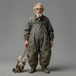 full length painting of an old wizened stooped man wearing glasses and shapeless long grey overalls which go down to his ankles with his feather duster under his left arm octane render, highly detailed by giuseppe arcimboldo alan lee james gurney