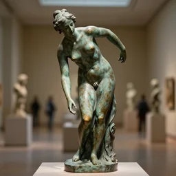 photorealism full shot body of old bronze patina statue of woman, museum background, bending poses, bokeh, detail, - h 1 0 2 4