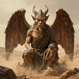 a portrait of a gargoyle monk warrior with small horns and large wings in the style of victor adame minguez, desert background, uplit, enveloped in chaos, high detail 8 k