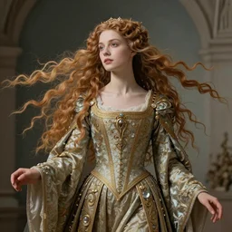 beautiful delicate young medieval queen by magali villeneuve, iris van herpen, jean delville, flowing hair, visionary, symbolist, ornate garments, beautifully lit