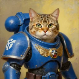 a portrait of a cat as a Space Marine from the Warhammer 40k, ultramarine space marine cat, blue armor, glorious, masterpiece painting by Rembrandt, shoulderpad with omega white symbol, big cat eyes